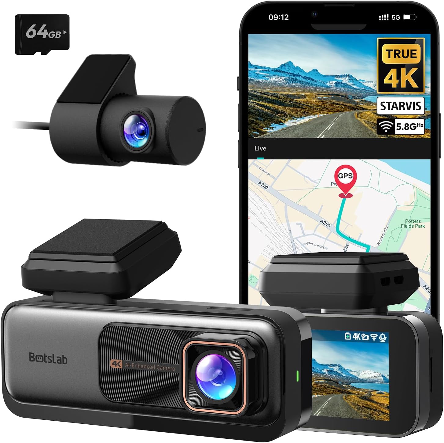 BOTSLAB 4K Dash Cam Front and Rear, 4K Car Dash Cam Front and 2K Rear Camera, Night Vision, STARVIS Sensor, ADAS, 170° Wide Angle, Built-in GPS and WiFi, 24/7 Parking Mode, Included 64 GB SD Card