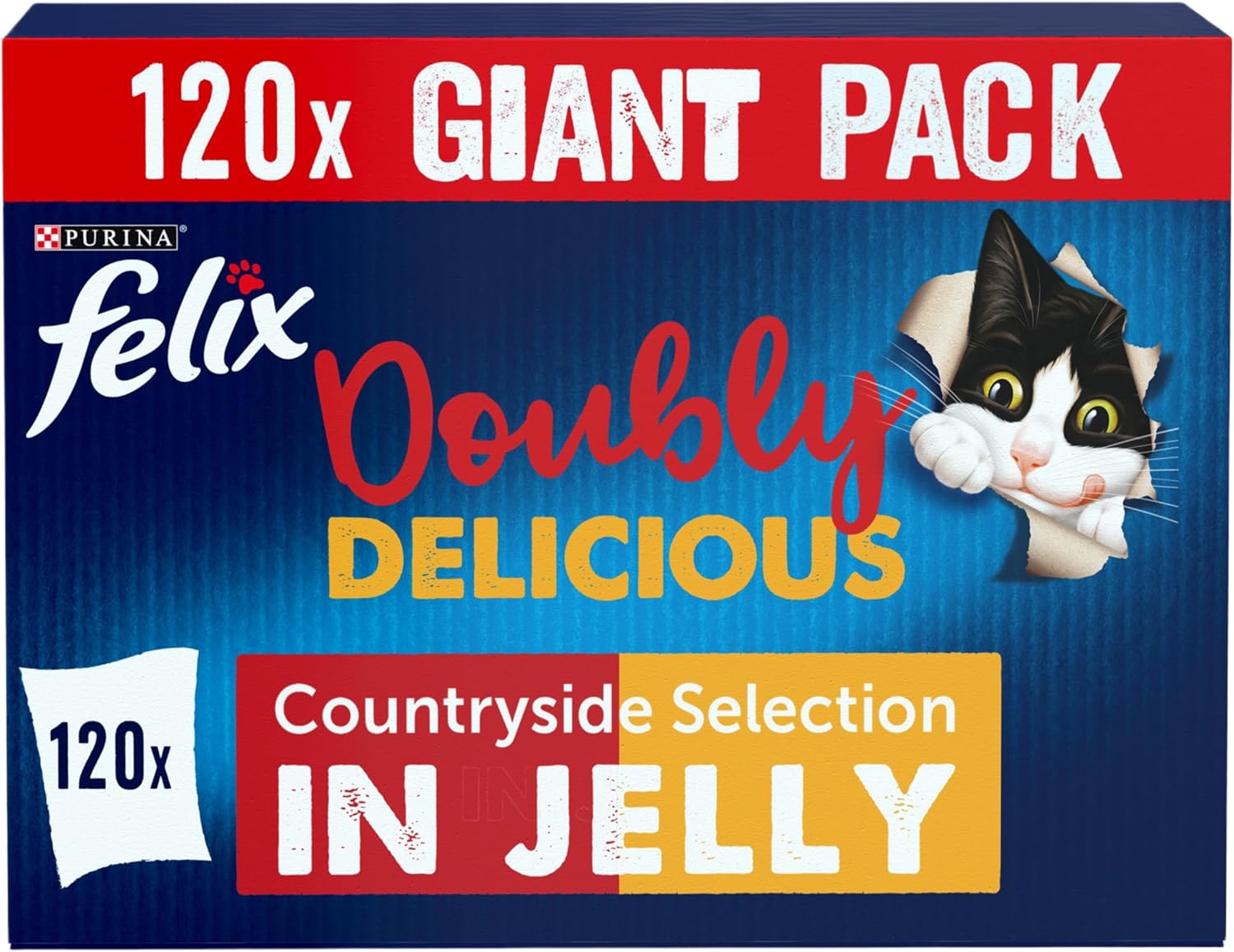 FELIX Doubly Delicious Adult Wet Cat Food Countryside Selection in Jelly Beef, Poultry, Chicken, Kidney, Lamb, Turkey, Liver 120 x 85g Pouches
