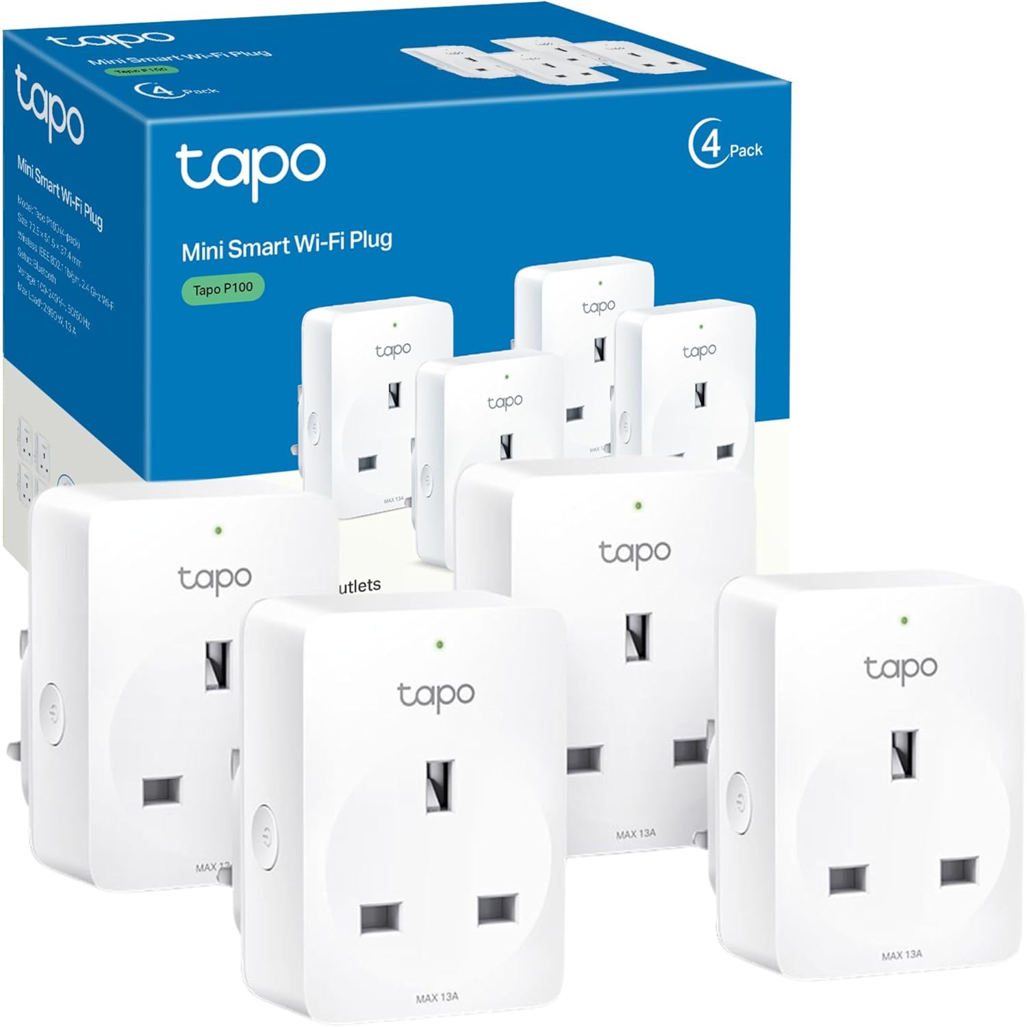 Tapo P100 (4-Pack) Smart Plug, Wi-Fi Plug, App Remote Control, Alexa Plug, Voice Control with Alexa & Google, Away Mode, Scheduling & Timer, Device Sharing, Easy Set Up, Multiple Safety Guarantees