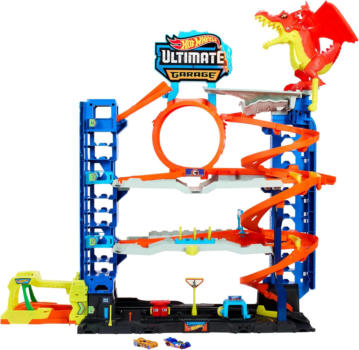 Hot Wheels Let’s Race Netflix – City Ultimate Garage Playset with 2 Die-Cast Cars, Toy Storage for 50+ 1:64 Scale Cars, 4 Levels of Track Play, Defeat the Dragon, HKX48