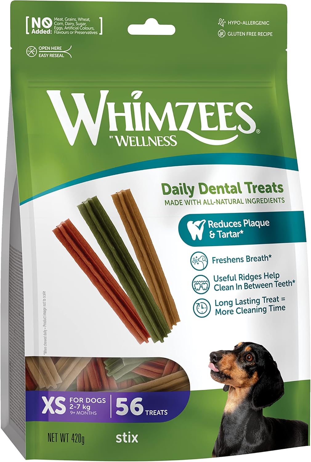 WHIMZEES By Wellness Stix, Dog Dental Sticks, 56 Pieces, Size XS, Dog Chews for Very Small Breeds, Natural, Grain-Free, Rawhide-Free, Vegetarian, No Added Sugar