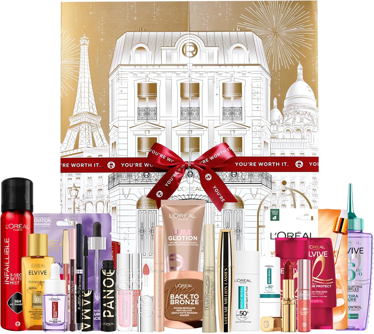 L’Oréal Paris 2025 24-Day Festive Beauty Advent Calendar Gift Set, Iconic Makeup, Skincare & Haircare Favourites, Giftset with Mascara, Lip Gloss, Lipstick, Skin & Hair Essentials, Worth Over £240