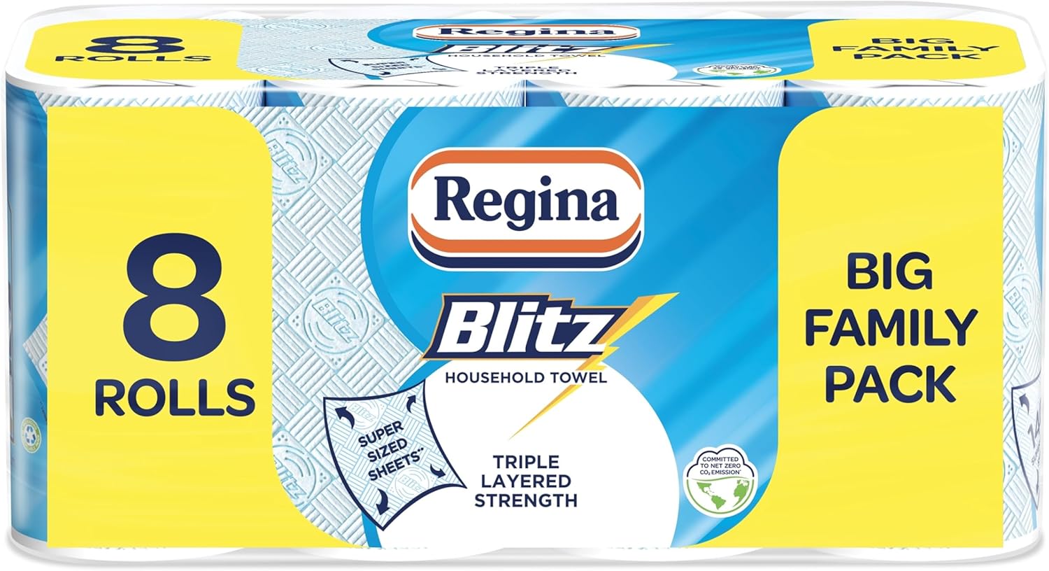 Regina Blitz Household Towels – 8 Triple Layered Rolls, 140 Sheets Per Roll, Paper Packaging, FSC Certified Paper, Recyclable Packaging, 60% Larger Than Standard Kitchen Roll Sheets