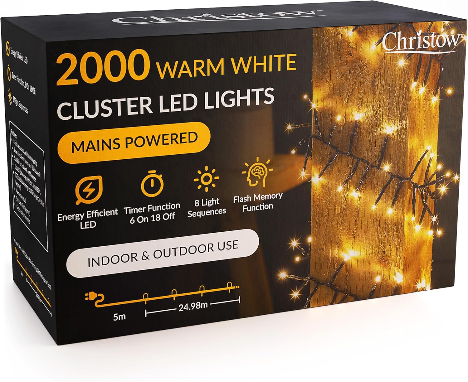 2000 LED Cluster Christmas Tree Lights, Warm White Fairy Lights with Timer, 8 Light Modes, Energy Efficient 3mm Micro LEDs, Indoor & Outdoor, Mains Powered, Green Cable, 24.97m Lit Length