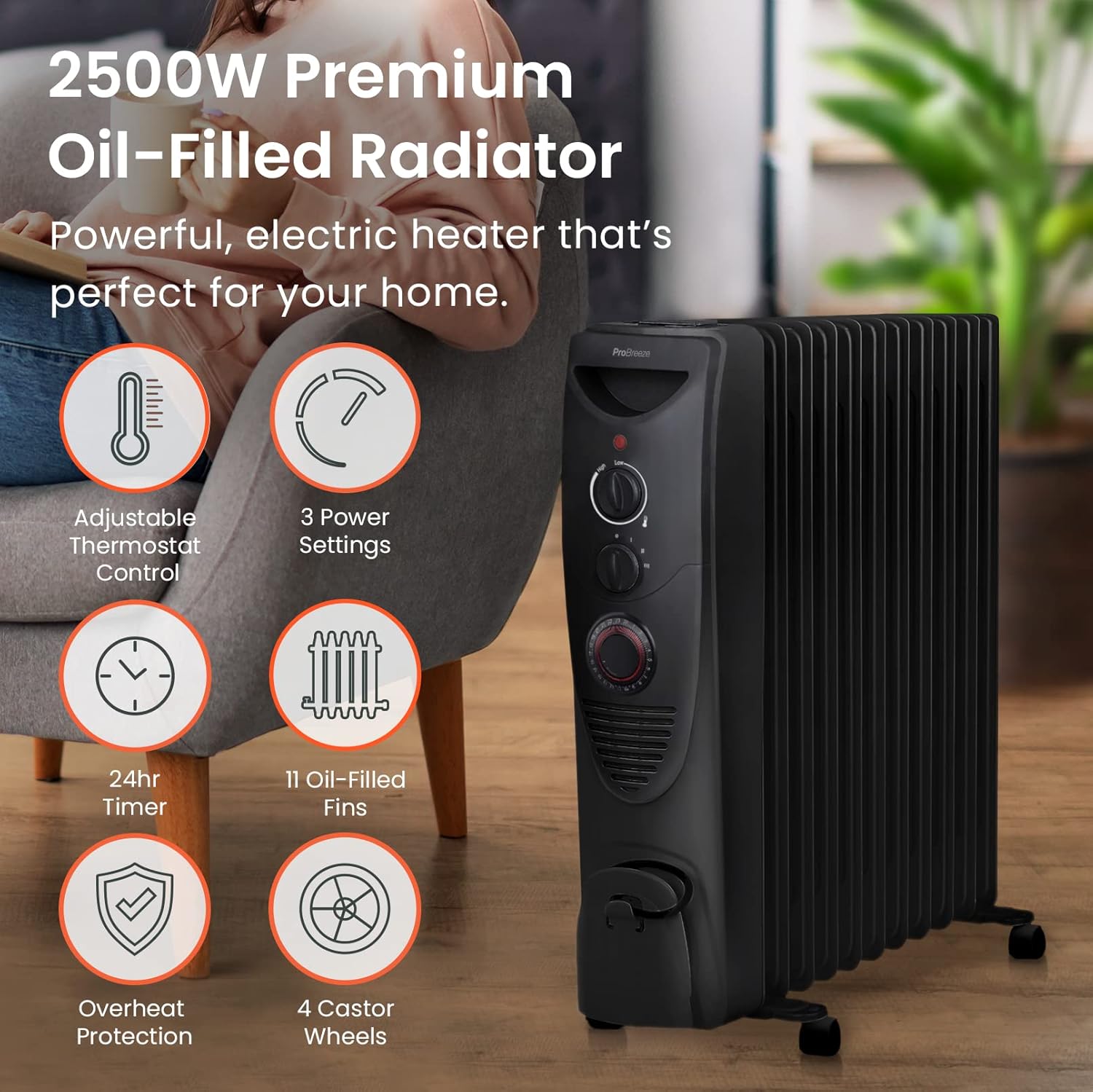 Pro Breeze Oil Filled Radiator with 11 Fins – Slim Electric Radiator – Portable Oil Heater with Built-in 24 Hour Timer, 3 Heat Settings, Adjustable Thermostat (Black Radiator)
