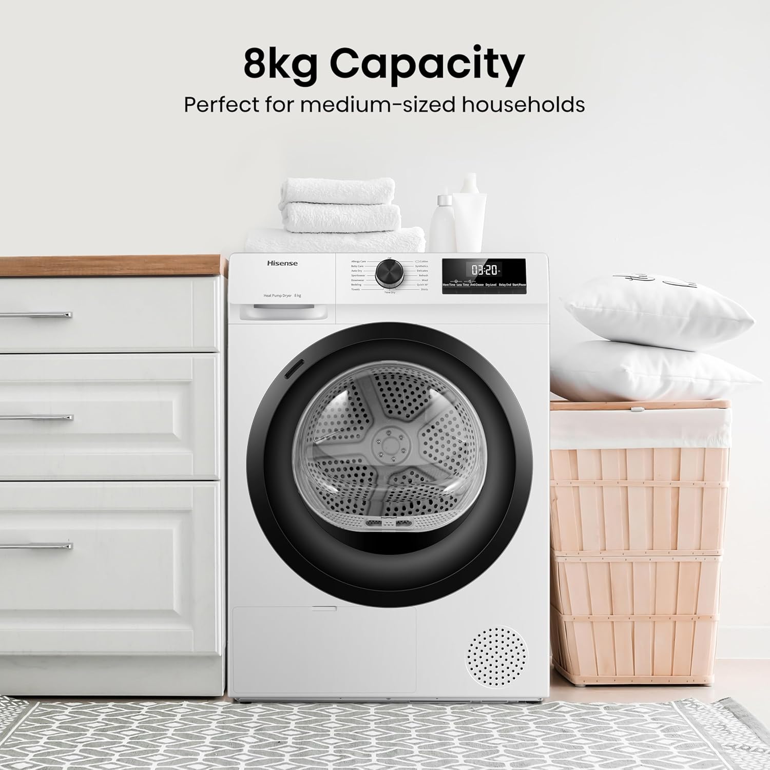 Hisense DH1Q802BW2 60cm Freestanding 8 KG Heatpump Front Load Tumble Dryer, 16 Programmes, Auto Dry, Steam Refresh, Allergy Care