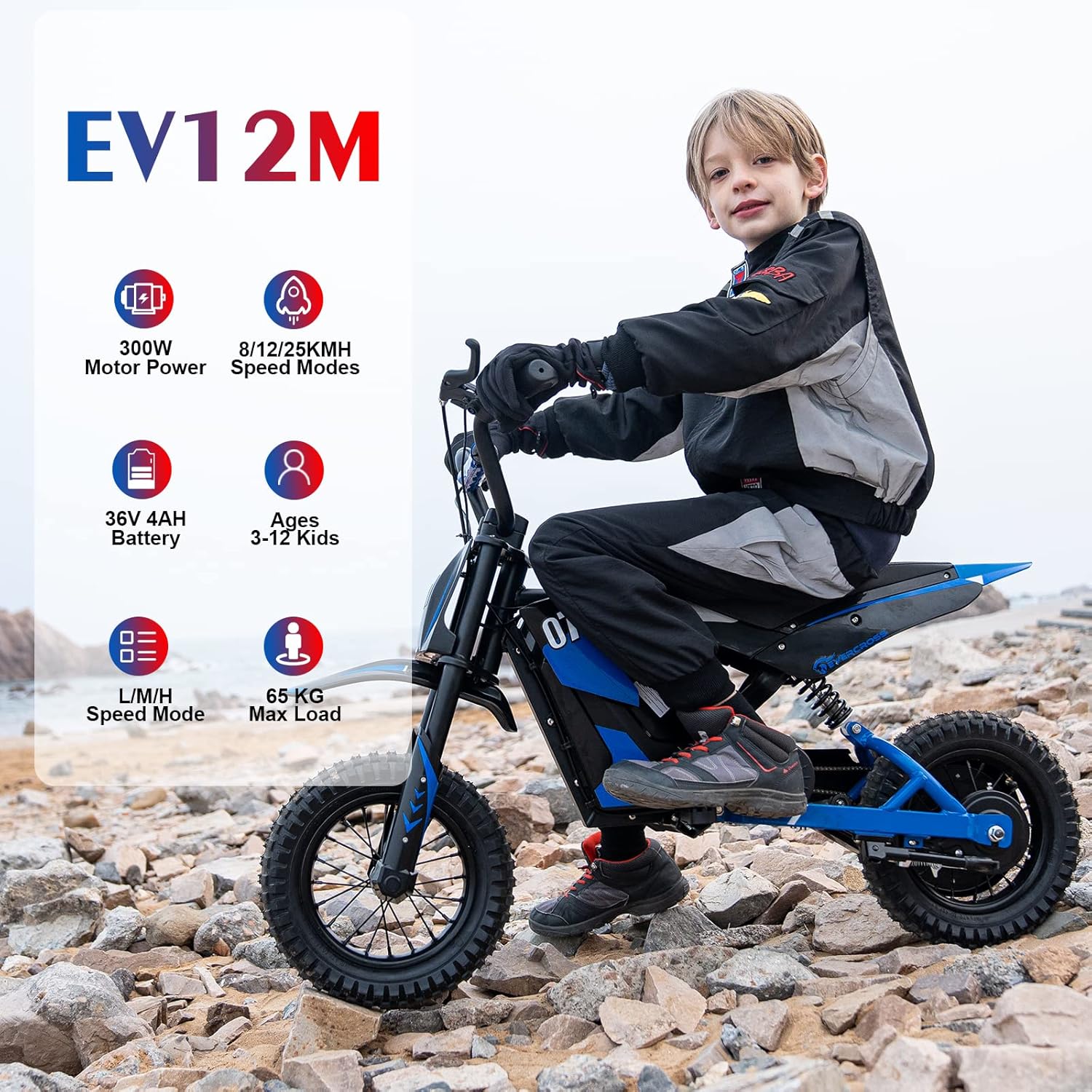 EVERCROSS EV12M Kids Ride On Motorcycle, Electric Motorcycle with 300W Motor, 5/7.5/15.5 MPH Speed Modos, 9.3Miles Long-Range, 12” Pneumatic Tire, Motor Cross for Ages 3-12 Children