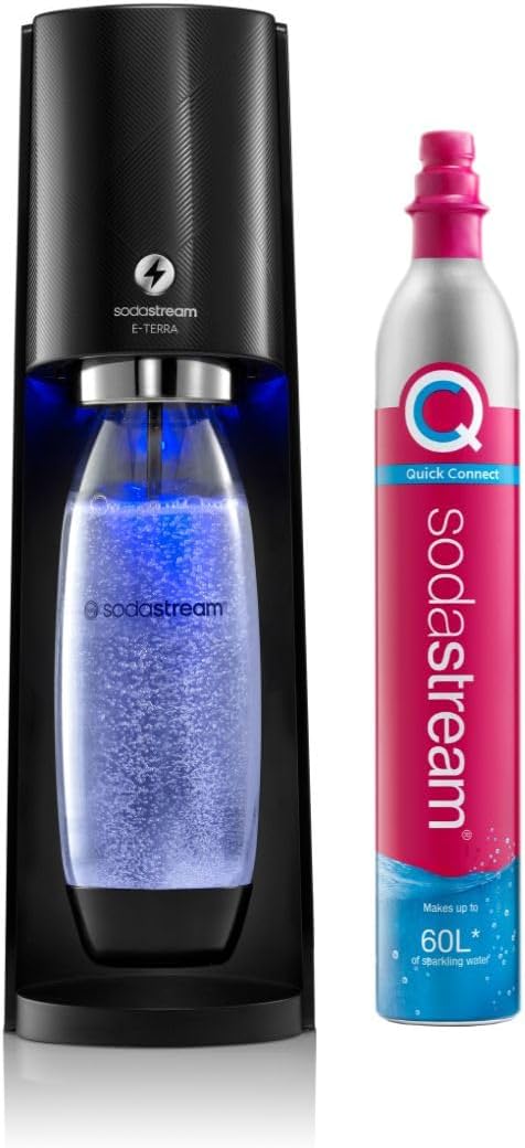Sodastream – Electric Terra Sparkling Water Maker, 3 Carbonation Settings, Quick Connect CO2, Includes 60L Gas Cylinder, BPA-Free Bottle,