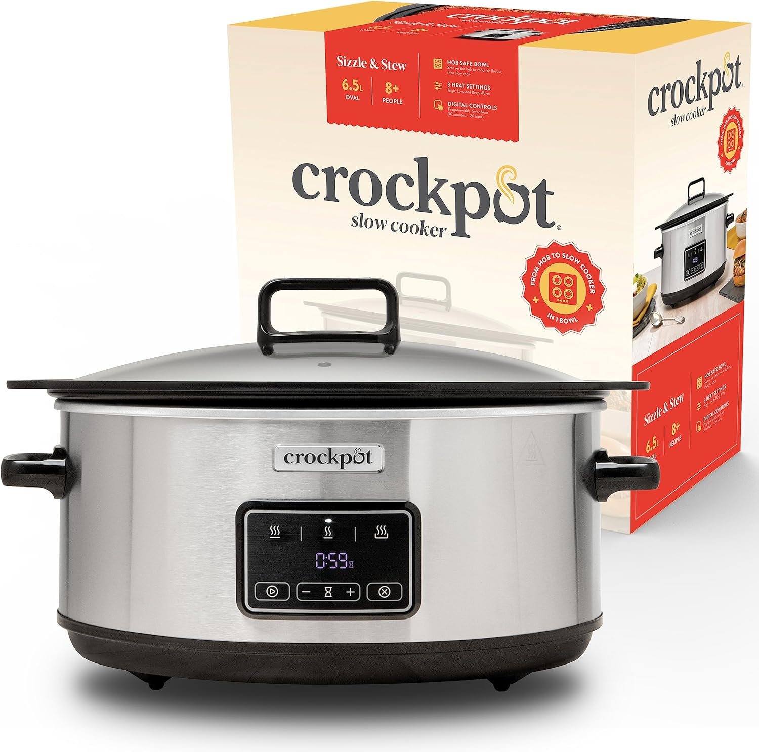Crock-Pot Sizzle & Stew Digital Slow Cooker | 6.5 L (8+ People) | Removable Induction Hob-Safe Bowl Sears Meat & Vegetables | Stainless Steel