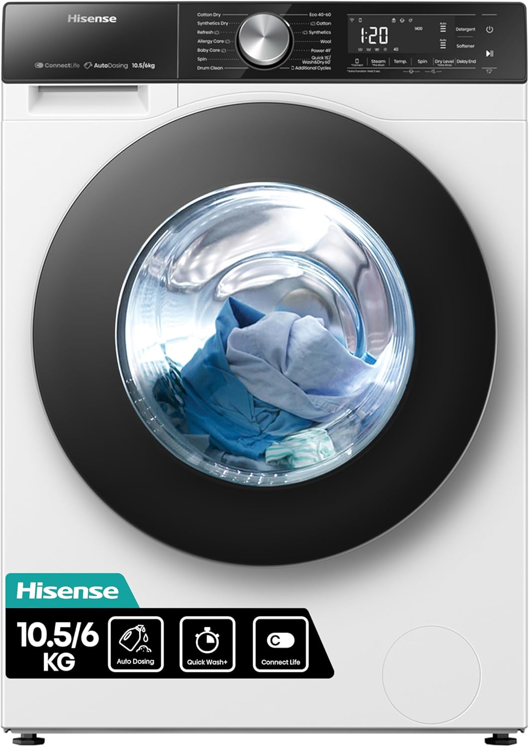 Hisense 5S Series WD5S1045BW 60cm Freestanding 10.5/6 KG Front Load Inverter Washer Dryer with Auto Dose WiFi Enabled Steam Wash – 19 Programs 1400 RPM