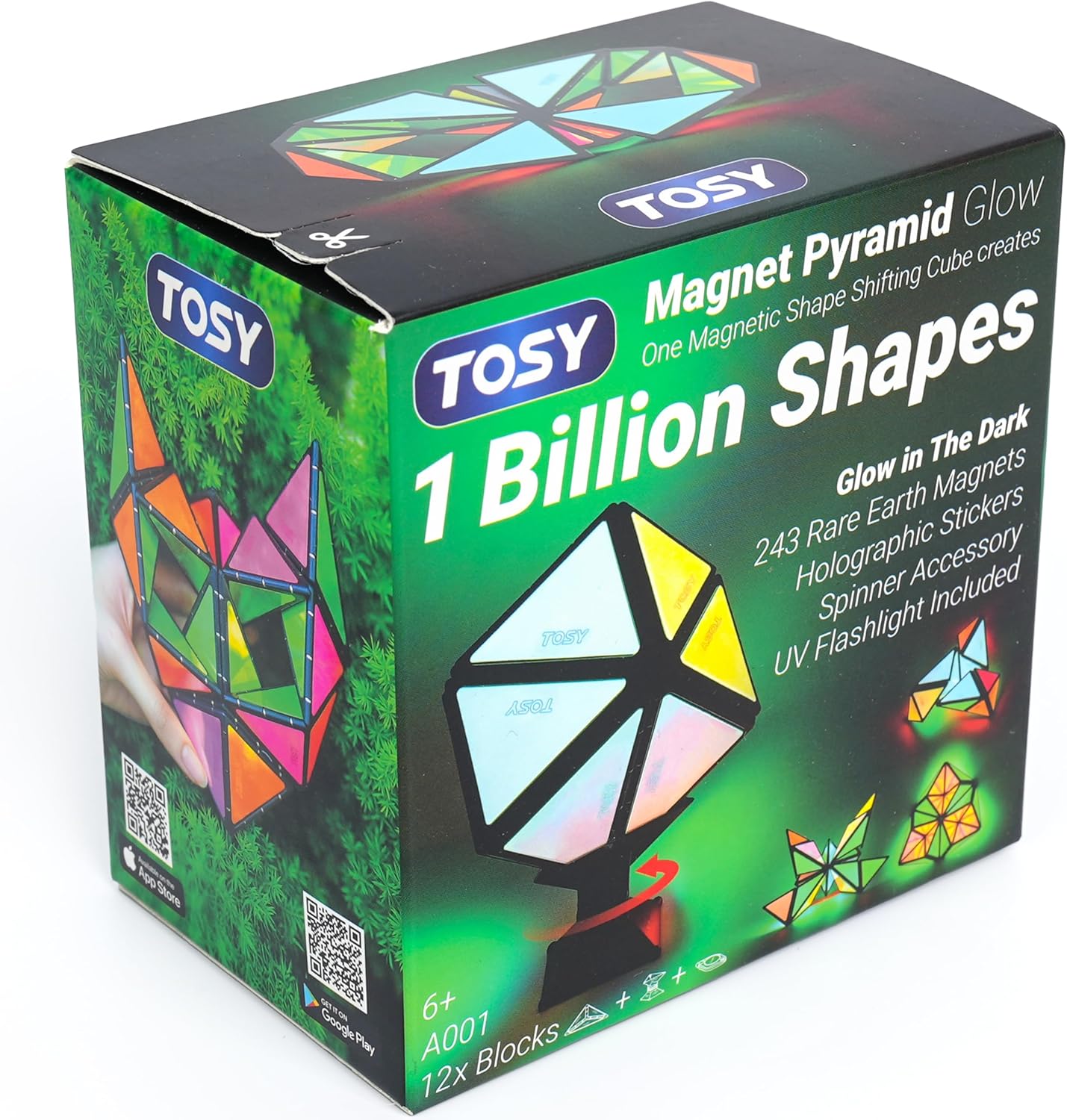 TOSY Magnet Pyramid Glow – 1 Cube Transforms into 1 Billion Shapes, 12 pieces, 243 Magnets, Glowing, Christmas Stocking Stuffers Gift for Kids, Holographic Design, Creative Puzzle STEM/STEAM Toy