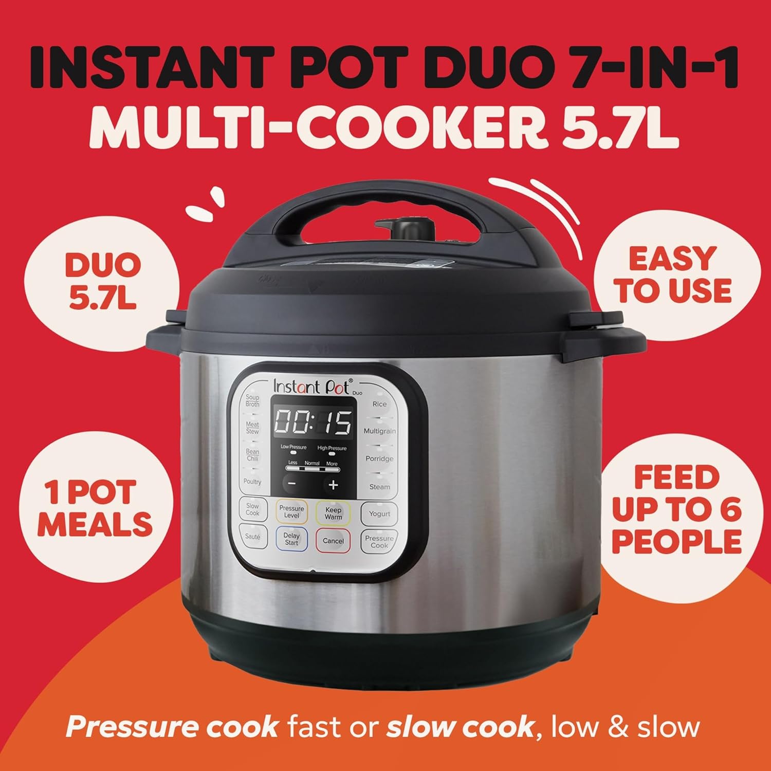 Instant Pot Duo 7-in-1 Electric Multi-Cooker 5.7L – Brushed Stainless Steel, Large Pressure Cooker, Slow Cooker, Rice Cooker, Sauté, Yoghurt Maker, Food Steamer Pot and Food Warmer, Dishwasher Safe