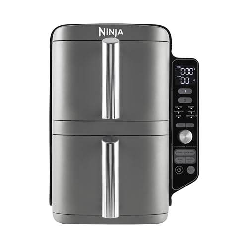 Ninja Double Stack XL Air Fryer, Vertical Dual Drawer AirFryer with 4 cooking levels, 2 Drawers and 2 Racks, Space Saving Design, 9.5L Capacity, 6 Cooking Functions, 8 Portions, Grey, SL400UK