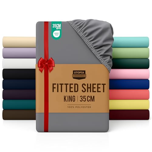 Utopia Bedding Fitted Sheet King, Grey – Deep Pocket 14 inch (35 cm) – Easy Care – OEKO-TEX Certified – Soft Brushed Microfibre Fabric – Shrinkage and Fade Resistant – Bottom Sheet