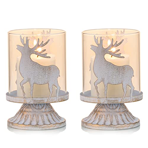 Sziqiqi Vintage Antique Metal Pillar Candle Holders Set of 2, Distressed Hurricane Candlestick Candle Holders Prefer Centerpieces for Christmas Table Mantle Fireplace Decoration, Deer