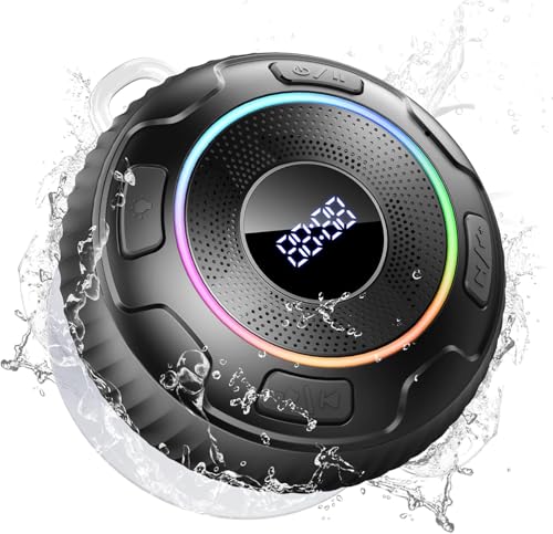 Hupoaf Shower Speaker Bluetooth 5.3, 2025 IP7 Waterproof, Portable Speaker with Deep Bass, 6D HIFI Stereo, Outdoor Speaker Weatherproof, 10H Playtime, RGB, for Bathroom, Travel, Light black