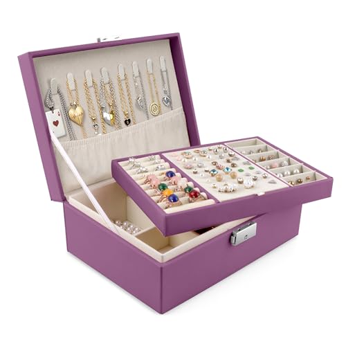 Homeanda Jewellery Box with Lock, 2-Layer Leather Jewellery Organizer boxes for Women Girls Teens, Jewellery Storage Box for Necklaces, Bracelets, Rings, Earrings (Purple)