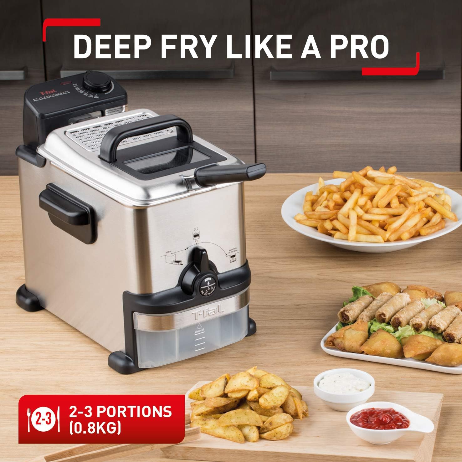 Tefal Deep Fryer Easy Pro, Stainless Steel, 3L capacity, 1.2kg, 4 Portions, 2100W, Semi Pro, Kitchen Fryer, Compact, Cool Zone Technology, Easy Cleaning, FR333040