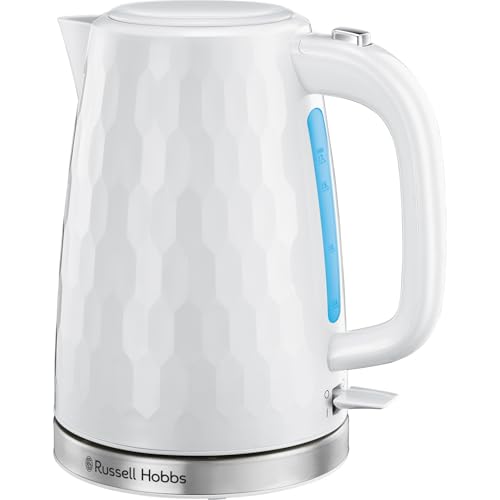 Russell Hobbs Honeycomb Electric 1.7L Cordless Kettle (Fast Boil 3KW, White premium plastic, matt & high gloss finish, Removable washable anti-scale filter, Push button lid, Perfect pour spout) 26050