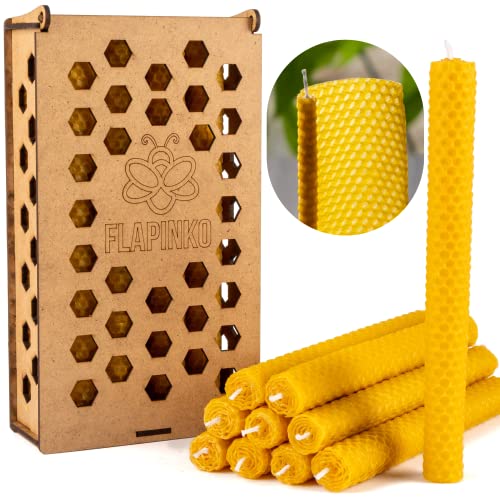 Beeswax Candle Set Taper FLAPINKO Handmade, 10 pcs | 100% Pure,Organic,Natural, Cotton Wick | Honeycomb Texture | Real Bees Wax Candles Gift Set with Wooden Box | Premium,Dinner,Bistro