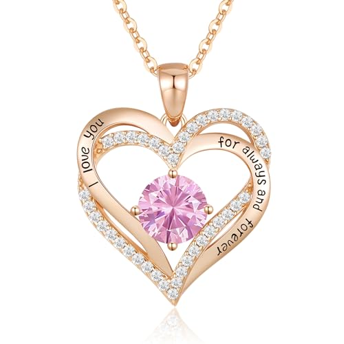 CDE Necklaces for Women Birthstone Pendant, Sterling Silver Love Heart Rose Gold Jewellery Gifts for Mum Her Wife Girlfriend Anniversary Birthday Mothers Day (925 Sterling Silver, Rose Gold-10-Oct)