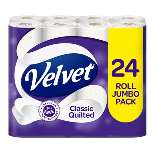 Velvet Classic Quilted Toilet Tissue 24 Rolls – Luxuriously Soft, Strong and Absorbent Toilet Roll – Jumbo Bulk Pack 24 Rolls – 3-ply – White