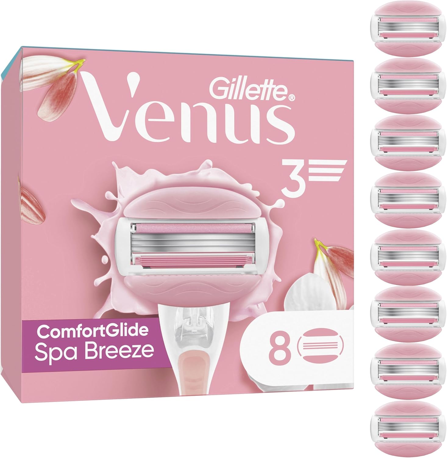 Gillette Venus Comfortglide Spa Breeze Women’s Razor Blade Refills, Pack of 8, 3 Built-in Blades for a Smooth, Close Shave That Lasts
