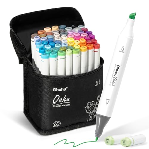 Ohuhu Markers, 60 Colours Dual Tips Alcohol Markers Permanent Art Marker Pens for Adults, Highlighter Pen with Carrying Case for Drawing Sketching Anime Manga Highlighting and Underlining