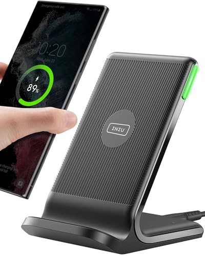 INIU Wireless Charger Stand, 15W Qi Fast Charging Dock Phone Charger, Adaptive LED Wireless Charging Station for iPhone 17 16 15 14 13 12 11 Pro Max, Samsung S23 S22 S21, Google Pixel 8 7 6 etc.