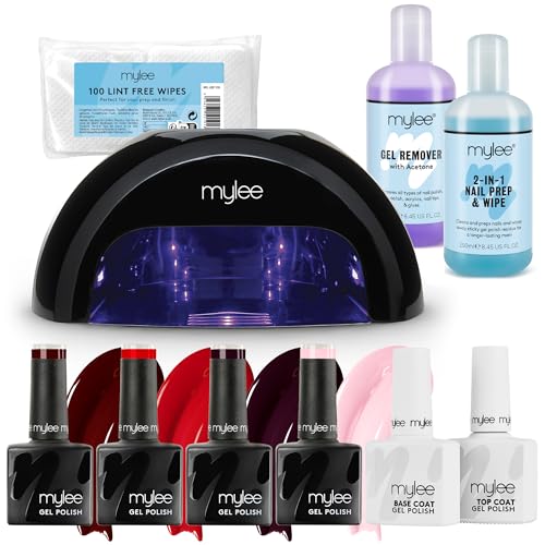 Mylee Complete Professional Gel Nail Polish LED Lamp Kit, 4x Colours, Top & Base Coat, PRO Salon Series Convex Curing® LED Lamp, Prep & Wipe, Gel Remover (Black Lamp)