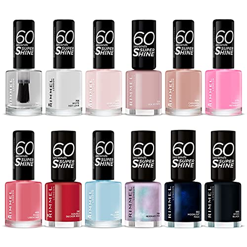 RIMMEL LONDON – 60 Seconds Super Shine Nail Polish Set – Super Glossy, Ultra Shiny Finish – Precise One Stroke Application – Up To 10 Days Wear – High Impact Colour – 12 Assorted Shades
