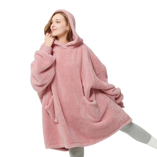 Bedsure Wearable Blanket Hoodie Women – Fluffy Fleece Hoodie Blanket for Adults Men, Warm Hooded Blanket as Gifts for Her, Pink, L