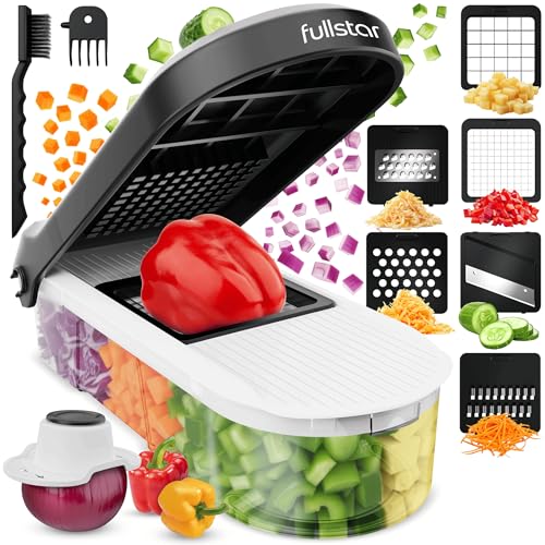 Fullstar Vegetable Chopper Cutter & Mandoline Vegetable Slicer – Veggie Onion Salad Food Chopper Manual – Potato Chipper – Veg Chopper and Dicer – Kitchen Tools & Gadgets (6-in-1 Compact White)