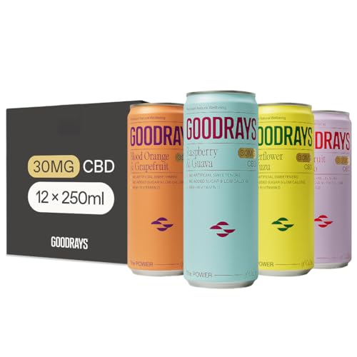 GOODRAYS CBD Drinks, Sparkling Low Calorie Soft Drink, Natural Sleep Stress and Anxiety Relief, Vegan, 4 Flavour Mixed Pack, 12 x 250ml Cans, Packaging May Vary