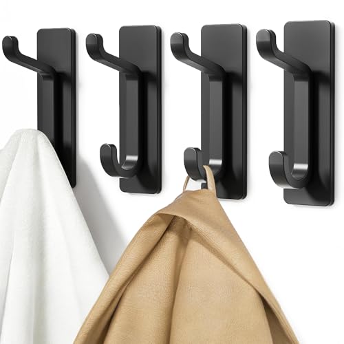 Self Adhesive Hooks, Extra Sticky and Strong, Hanging up to 6KG, Heavy Duty Stick on, No-Nail Hook for Back of Door, Black, 4 Pack