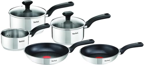 Tefal Comfort Max 5-Piece Stainless Steel Pots & Pan Set: Durable Cookware for Healthy Cooking, Induction Compatible, with Stay-Cool Ergonomic Handles. C972S544