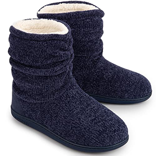 LongBay Women’s Warm Slipper Boots Plush Fleece Lining Memory-Foam Cushioning Non-Slip Ladies House Shoes Indoor Outdoor, 5/6 UK, Navy Blue