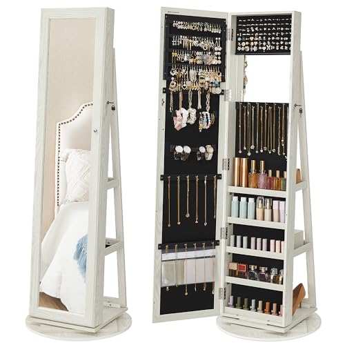 SONGMICS Jewellery Organiser, Freestanding Jewellery Cabinet with Full-Length Mirror, 360?Swivel, Storage Shelf, Lockable with Keys, for Bedroom, Gift Idea, White with Greyish Wood Grain JBC62W