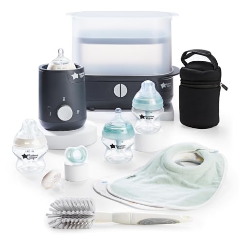 Tommee Tippee Complete Feeding Set, Electric Steam Steriliser with Insulated Bottle Bag, Newborn Self-Sterilising Baby Bottles and Easiwarm Bottle Warmer, Black