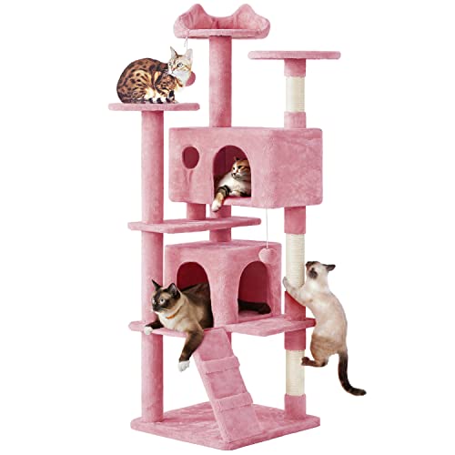 Yaheetech 178cm Cat Tree, Multi-Level Cat Tower w/Scratching Posts, 2 Caves, Perched Platforms and 2 Dangling Balls Stable Pet Furniture, Pink