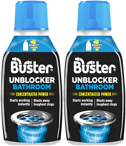Buster Bathroom Drain Unblocker 300ml, Pack of 2 – Sink Unblocker Removes Hair & Sludge in Showers, Baths & Sinks. Fast-Acting Shower Drain Unblocker Clears Blockages & Slow-Draining Water