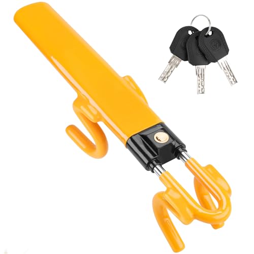 Tevlaphee Steering Wheel Lock Twin Bar, Steering Lock, Car Anti-Theft Device, High Visibility, Heavy Duty, Universal Fit, Adjustable Length,3 Keys(Yellow)