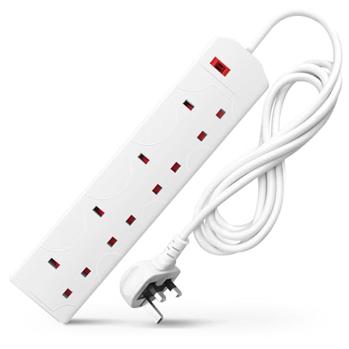 DESIRETECH White Electric Extension Lead – 4 Gang, 2 Metre Cable with UK Plug & 3 Pin Socket – Wall Mountable & Multi Socket Mains Strip for Home, Bedroom, Kitchen, & Office (1 Pack)