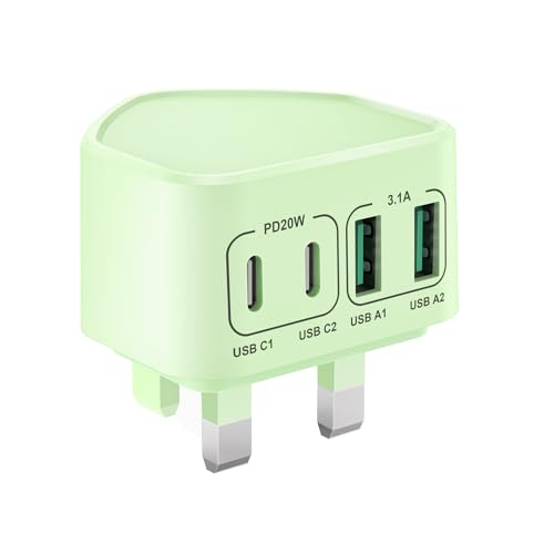 USB C Plug, 40W 4-Port Multi USB Plug UK Fast Charger for iPhone 16 15 14 13 12 11 Pro Max Plus XS XR, iPad, Samsung, Fast Charging Plug Dual Type C Power Adapter+ QC USB Wall Plug Charger Head