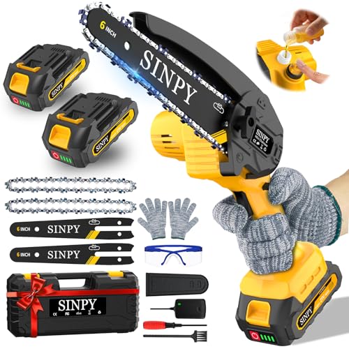 SINPY Mini Chainsaw Cordless, 6 Inch Electric Power Chain Saw with 2 Batteries & 2 Chains, Small Chainsaw with Safety Lock for Tree Trimming, Garden, Wood Cutting